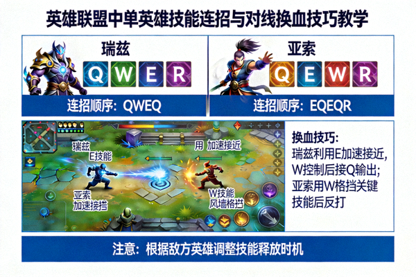 英雄联盟中单英雄技能连招与对线换血技巧教学示意图